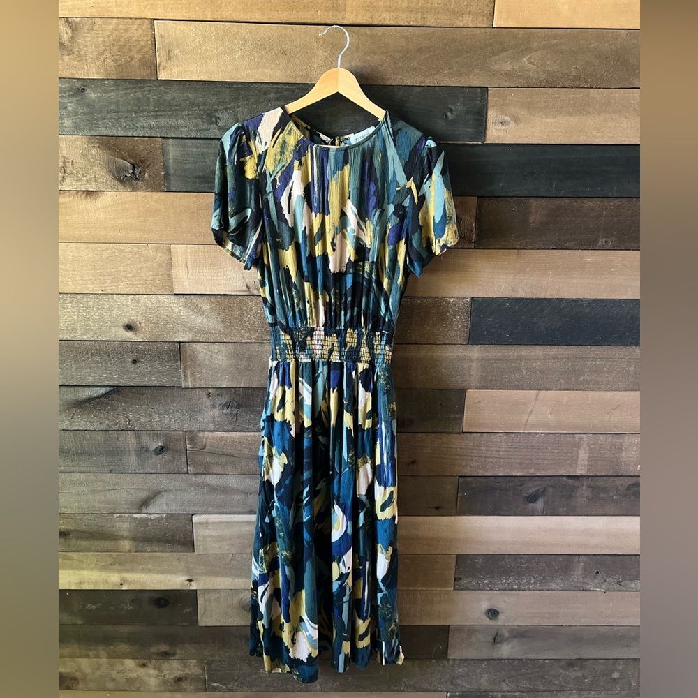Evereve Abstract Print Elastic Waist Midi Dress Short Sleeve Size S Made in USA